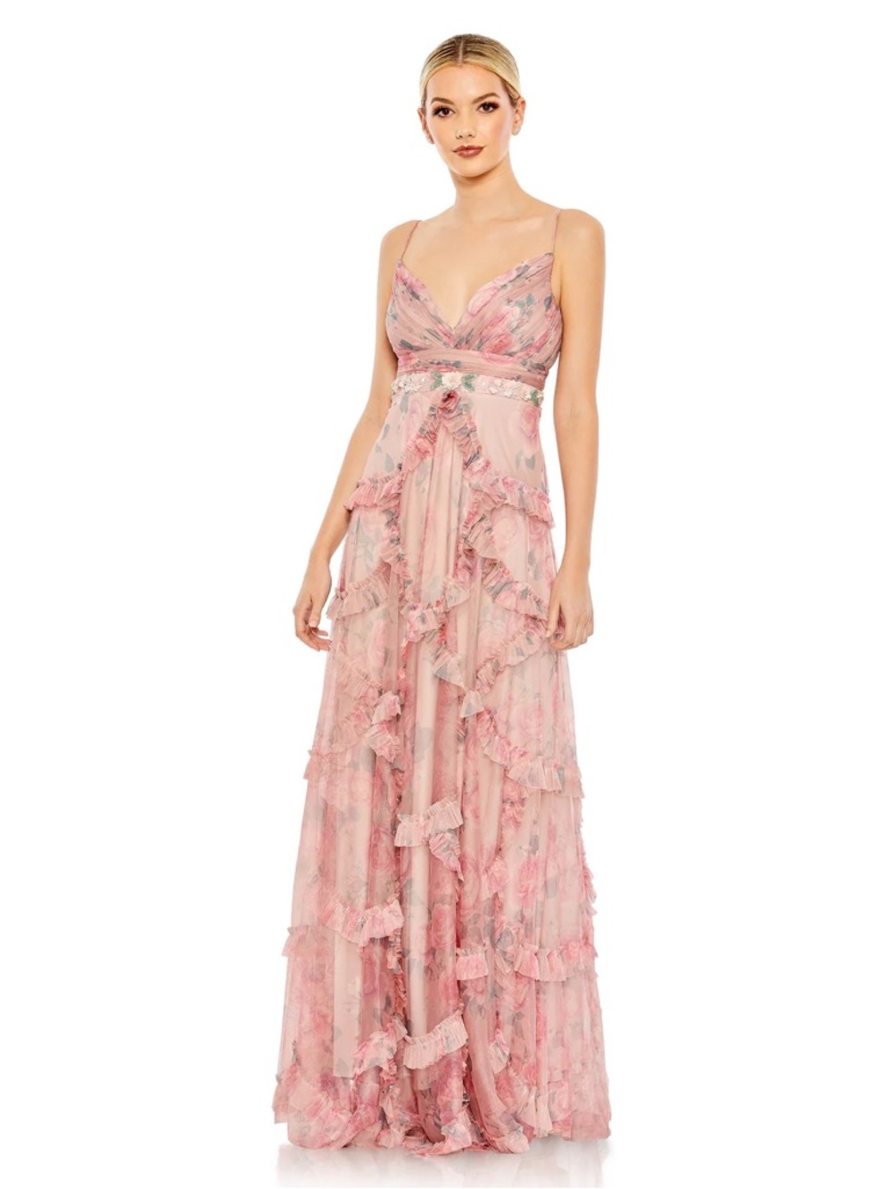 Mac Duggal Floral Ruffle Maxi Dress